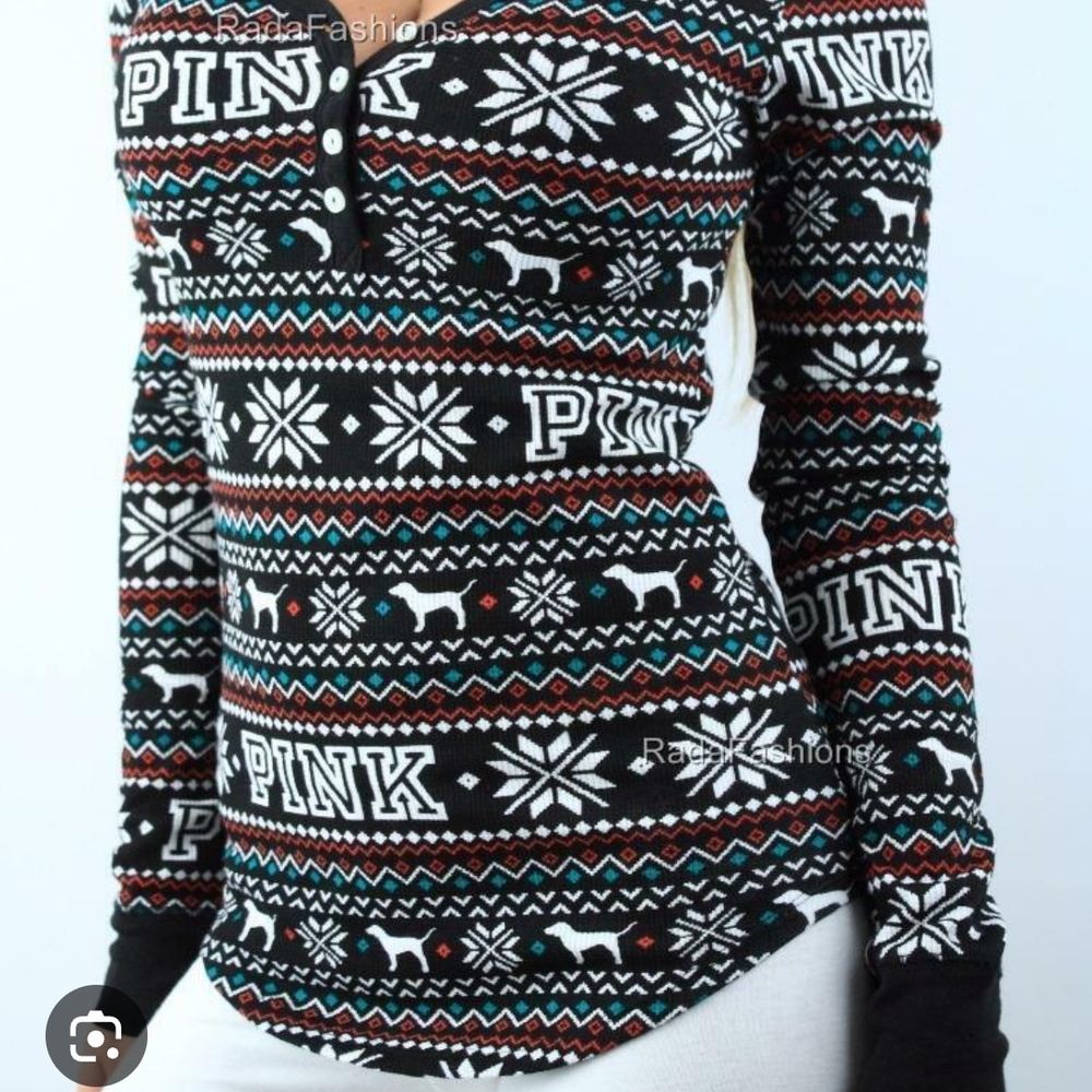 Victoria's Secret PINK Thermal Henley 2 Piece Set- Black, White, Gray & Pink